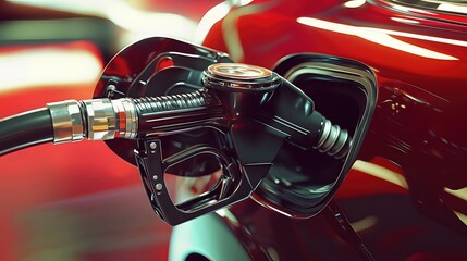 Fototapeta premium Close-up view of fuel nozzle inserting into a red car's gas tank during refueling.
