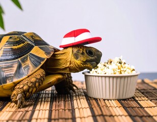 Turtle with hat eating popcorn