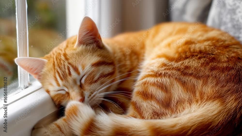 Poster a cat is sleeping on a window sill. the cat is orange and has a relaxed expression. the window sill 