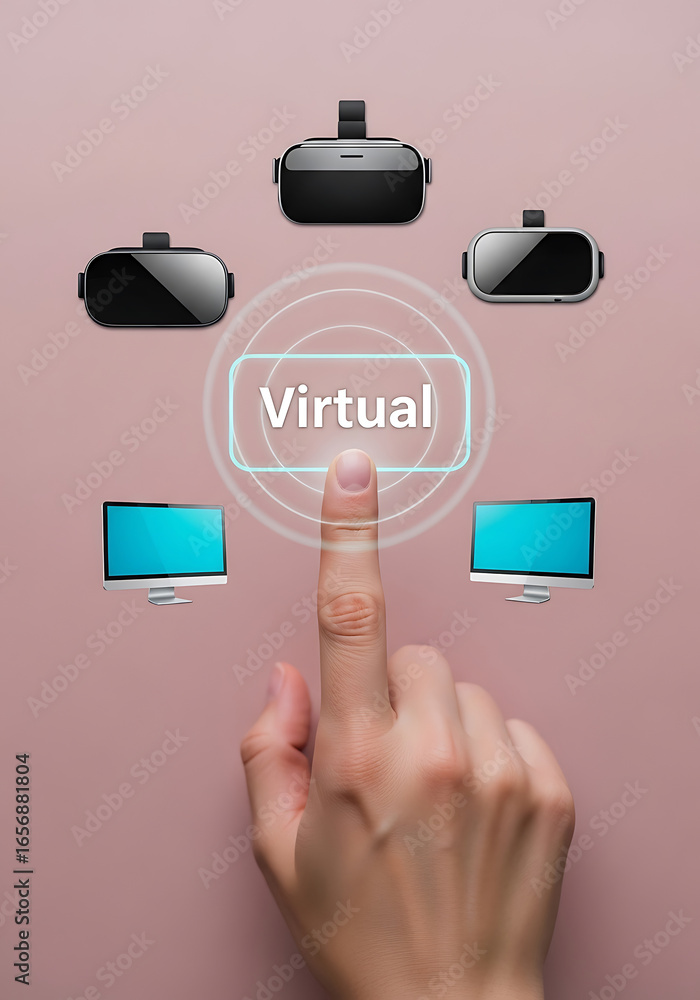 Poster a hand touching virtual reality button with vr headsets and computer screens
