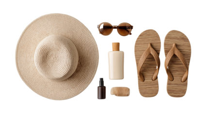 flat lay of summer beach essentials, straw hat, sunglasses, sunscreen bottle, seashells png 