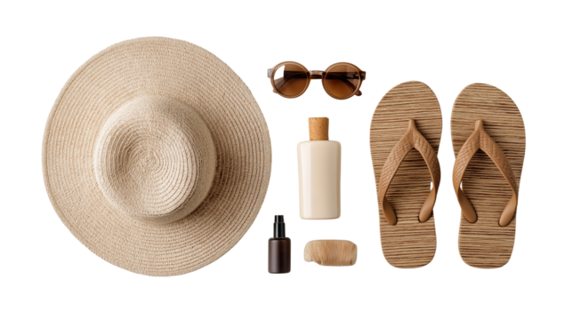 flat lay of summer beach essentials, straw hat, sunglasses, sunscreen bottle, seashells png - Powered by Adobe