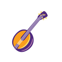 Fototapeta premium Stylized abstract musical instrument with purple body and orange soundboard, featuring white strings and yellow tuning pegs, isolated on white.