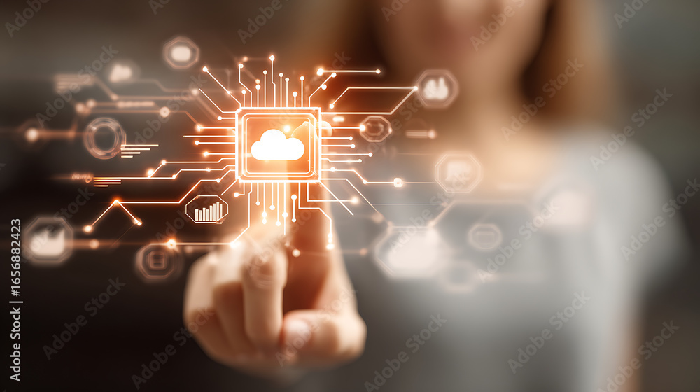 Poster digital network interface connecting cloud data with glowing circuits technology