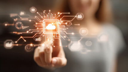 Digital network interface connecting cloud data with glowing circuits technology