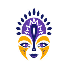 Vibrant abstract face with ornate headdress and expressive eyes, showcasing cultural motifs and bold color blocking for artistic expression