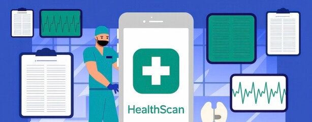 Fototapeta premium Modern smartphone with text health scan and doctor