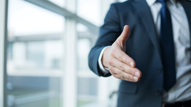 Professional businessman extending hand for a handshake symbolizing partnership and success in a modern office environment with natural light and a confident approach to business dealings