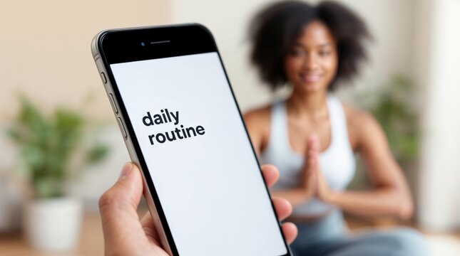 Smartphone with phrase daily routine and woman on the blurred background
