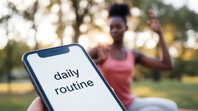 Smartphone with phrase daily routine and woman on the blurred background - Powered by Adobe