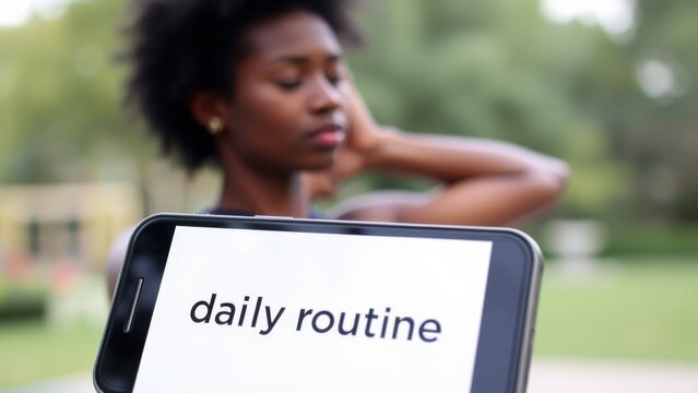 Smartphone with phrase daily routine and woman on the blurred background