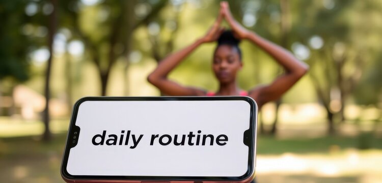 Smartphone with phrase daily routine and woman on the blurred background