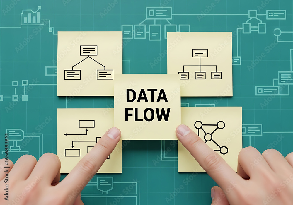 Poster data flow concept illustrated with sticky notes and symbolic network diagram on green background