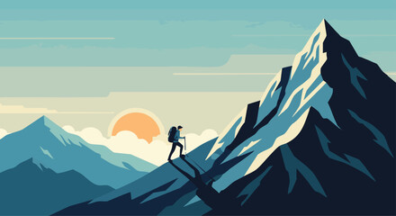 Mountain climber on peak at sunrise Minimalist style vector illustration of adventure and freedom in mountain scenery with blue and orange hues