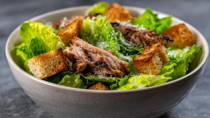 Delightful Caesar salad topped with grilled chicken and crispy croutons served in a stylish bowl