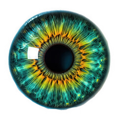 Extreme closeup of a human iris with vibrant blue, green, and yellow colors, showcasing intricate details and patterns, isolated on transparent background
