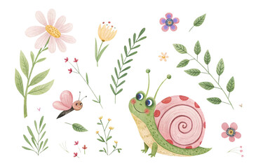 Cute Watercolor Set of cartoon Snail. Hand draw illustration with funny characters snail, dragonfly, leaves, flowers and branches. Isolated on Transparent Background. For Creative Projects, nursery