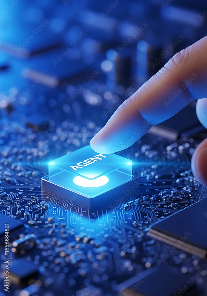 Poster futuristic concept of activating artificial intelligence by touching an agent chip on a circuit boar
