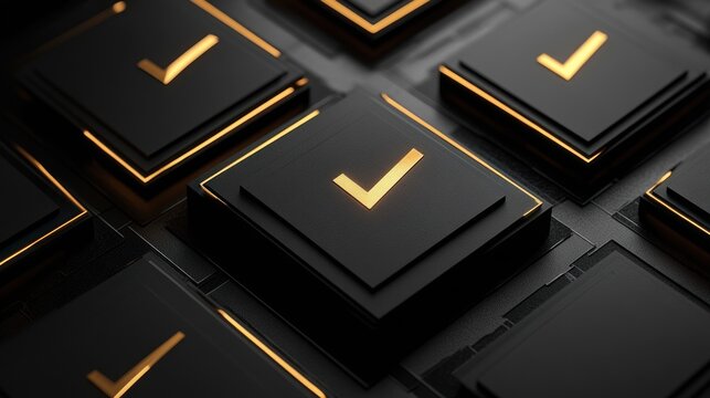 A close-up of dark checkboxes with glowing golden ticks, symbolizing selection and approval.