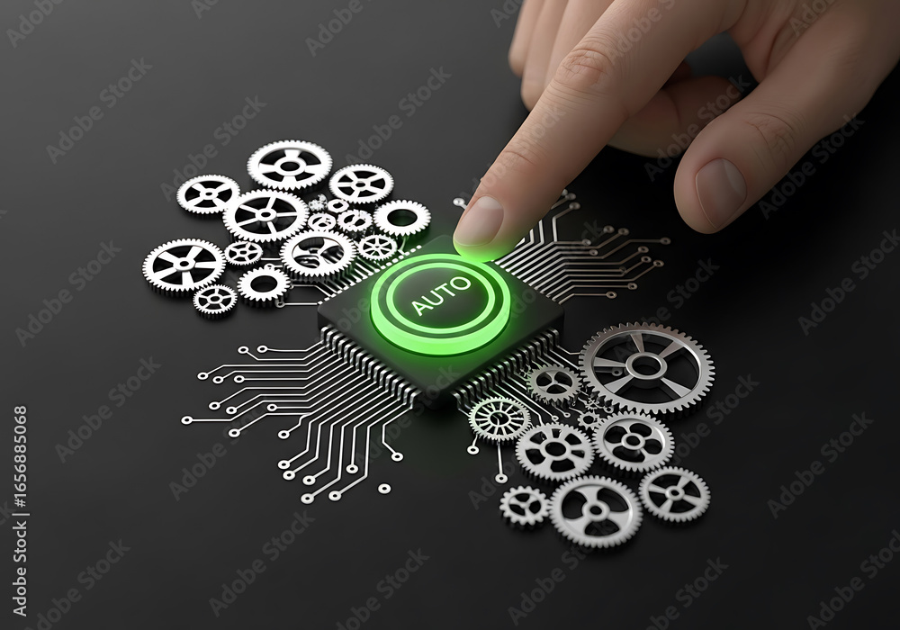 Poster hand activating the automation system with glowing button representing artificial intelligence