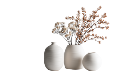 modern ceramic vase with dry flowers, isolated on white background png 