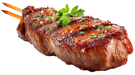 Grilled beef steak on skewers garnished with parsley isolated on transparent PNG isolated background