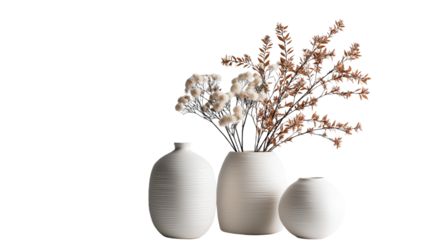 modern ceramic vase with dry flowers, isolated on white background png 