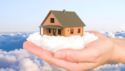 A miniature home rests serenely on a fluffy cloud, held gently in a hand against a backdrop of a vibrant sky filled with puffy clouds.