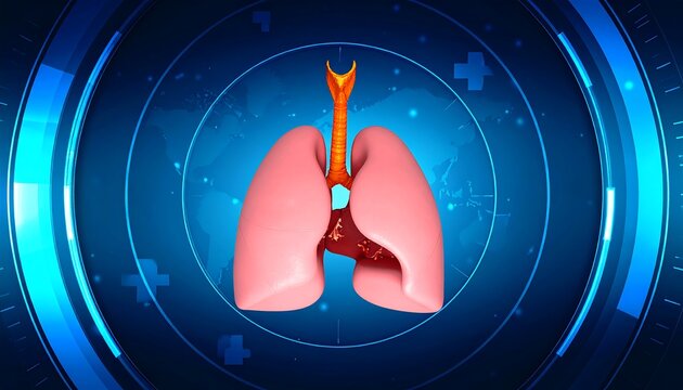 A 3D illustration of human lungs, trachea, and a digital medical background.