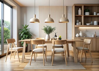 Modern dining room with natural wood accents and pendant lighting