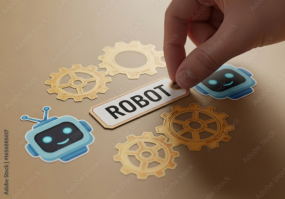 Poster hand holding robot tag surrounded by gears and cartoon robot characters on brown background