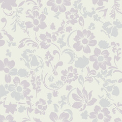 Lilac and mint green floral pattern on a pale cream background. Delicate, repeating design with textured flowers and swirling vines.