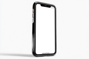 A black iPhone with a white case sits on a white background. PNG transparency.