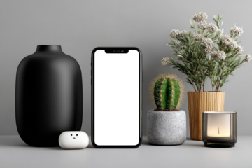 A black vase sits on a table next to a white iPhone and a potted plant. PNG transparency.
