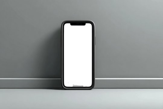 A phone is sitting on a grey wall. PNG transparency.