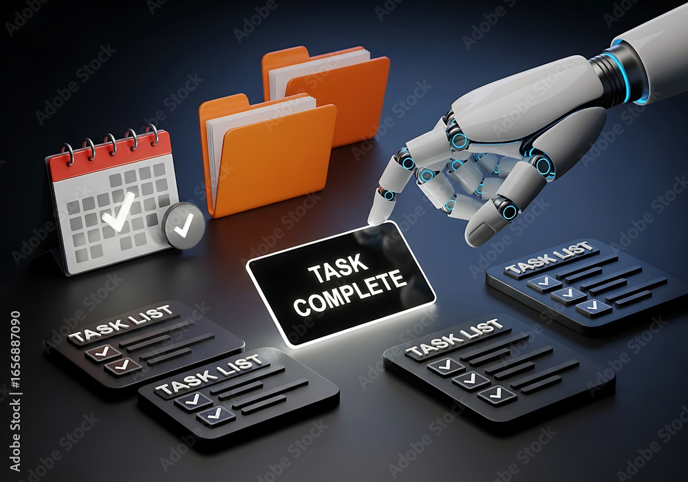 Poster robotic arm marking task lists as complete demonstrating automation and efficiency processes
