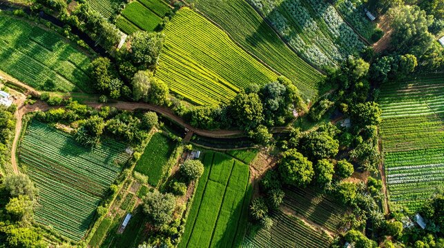 Aerial View of Lush Green Fields and Diverse Crop Patterns in a Rural Landscape