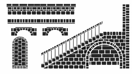 Illustration of architectural elements including brick walls arches and a staircase in black and white style |  editable eps vectors silhouette