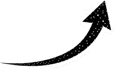 A curved arrow icon with a black and white line and white dots on a white background. Flat style....