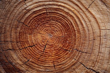 Close-up view of a wooden tree stump reveals intricate growth rings and deep cracks. The natural patterns highlight the age and beauty of the wood, set against a serene forest background.