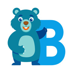 Playful Bear Character with Big Alphabet B Illustration | Cute Animal Cartoon for Kids, Preschool Learning, Children Alphabet Book Vector