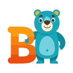 Playful Bear Character with Big Alphabet B Illustration | Cute Animal Cartoon for Kids, Preschool Learning, Children Alphabet Book Vector