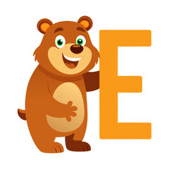 Playful Bear Character with Big Alphabet E Vector Illustration for Kids Learning, Children Book Design, Cute Educational Animal Art