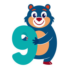 Playful Bear Character with Giant Number Nine, Cute Children’s Illustration, Learning Numbers, Fun Educational Artwork, Kids Book Vector Design