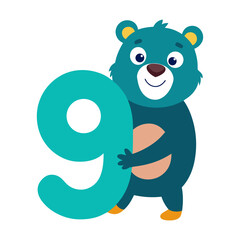 Playful Bear Character with Giant Number Nine, Cute Children’s Illustration, Learning Numbers, Fun Educational Artwork, Kids Book Vector Design