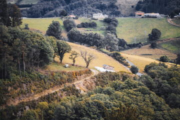 Rolling rural landscape with patchwork fields, winding road, scattered farmhouses, and forested...