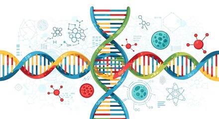 Flat vector of colorful DNA helix strands with abstract scientific elements