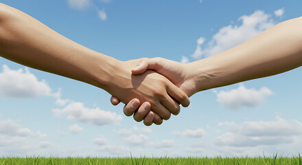 A close-up of two hands shaking against a backdrop of green grass and a blue sky with fluffy white clouds.