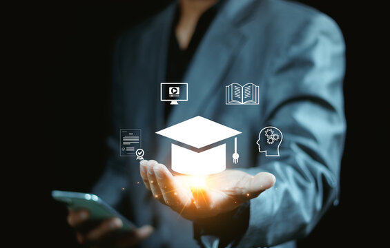 Education technology, e-learning, internet lessons, online webinars are attended by a person, businessman hold lightbulb with education icon set, innovation, study online, ideas form learning.