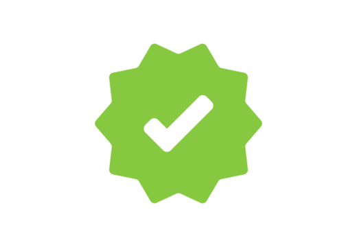 Green badge icon with white tick mark symbolizing verified, certified, or approved quality. Great for labels, awards, and achievements